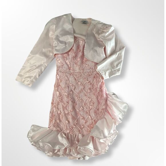 VTG 80s Blush Pink Lace and Satin Strapless Ruffle Dress with Bolero, 13/14 Jr. - Picture 2 of 11